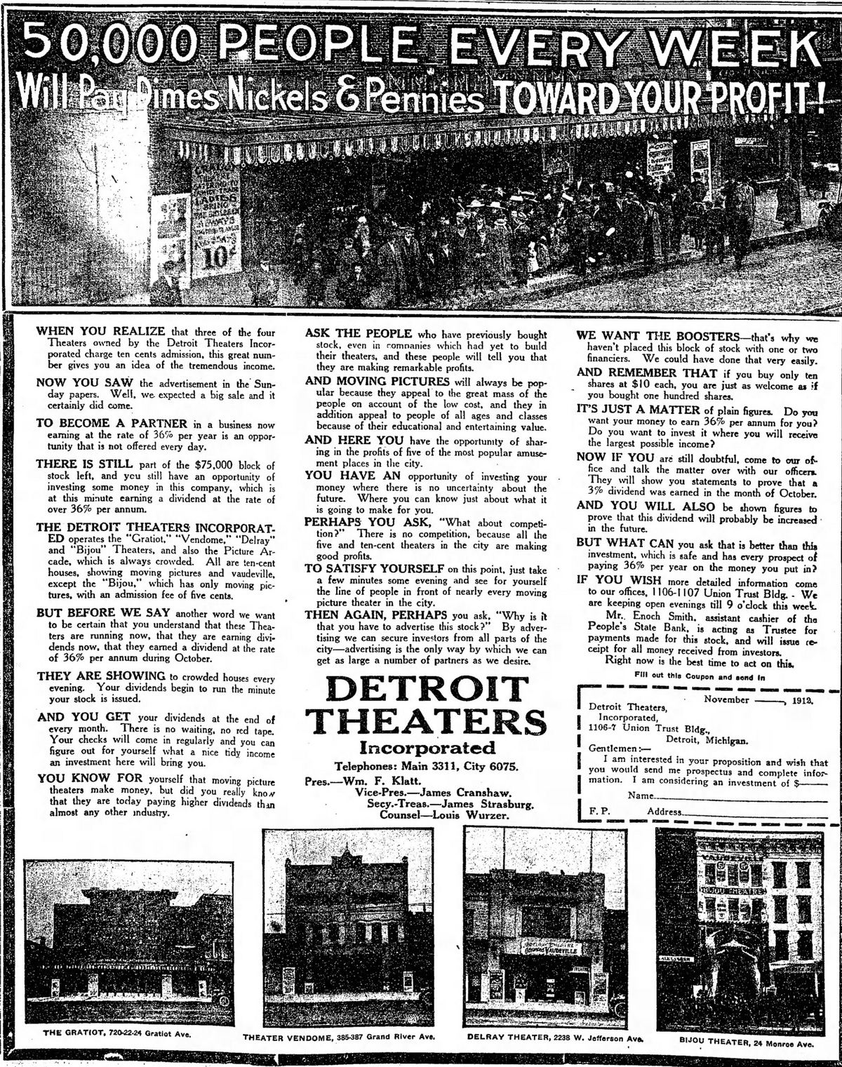 November 1912 ad Vendome Theatre, Detroit